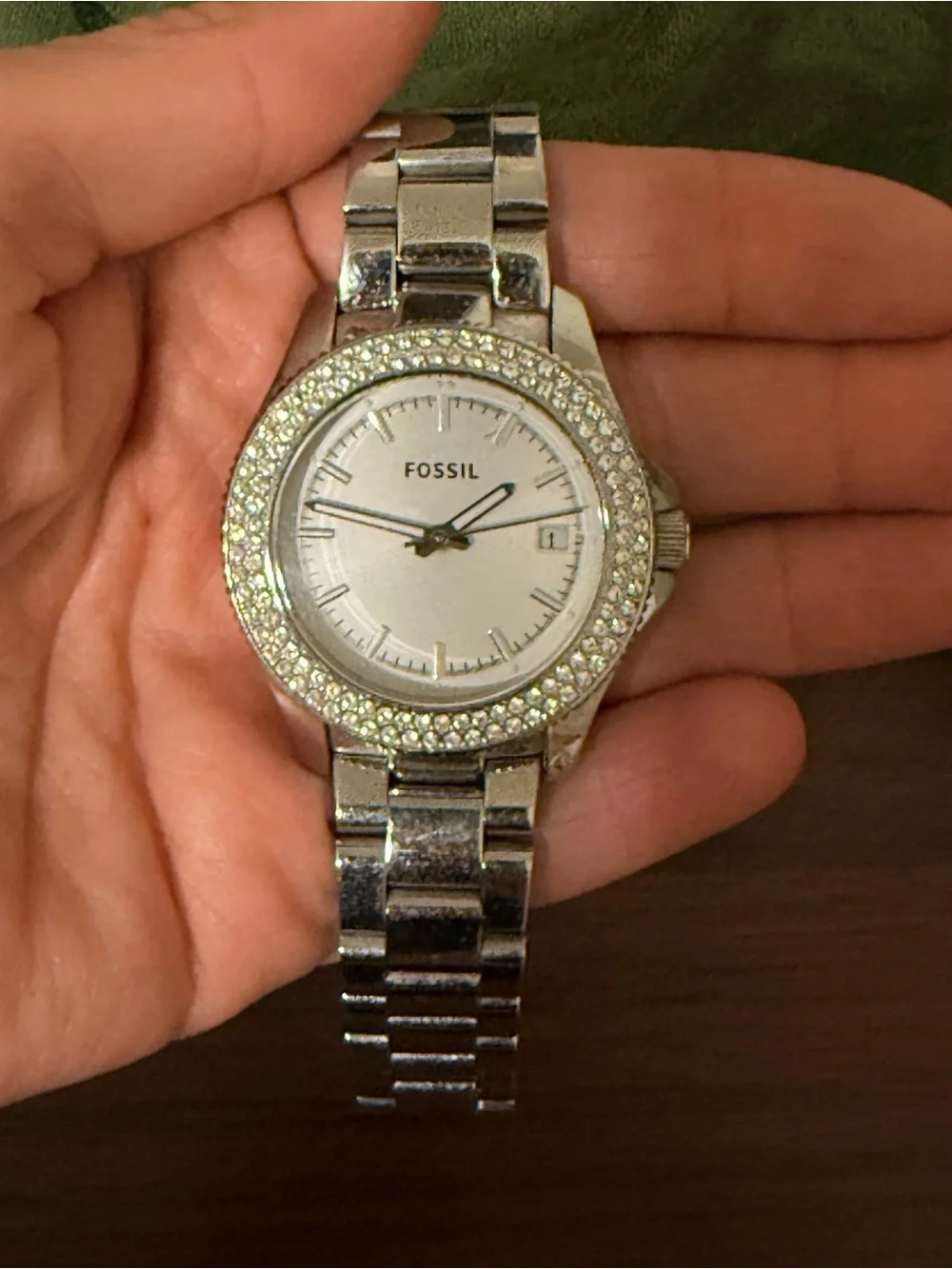 Fossil Silver Crystal-Trim Stainless Steel Women's Bracelet Watch